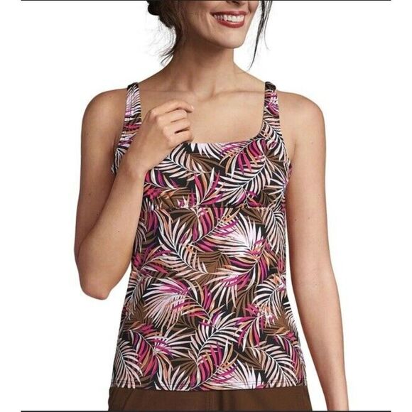 Lands End Pink and Brown Palm Pattern Tankini Swim Top Size 6 New - Picture 1 of 5